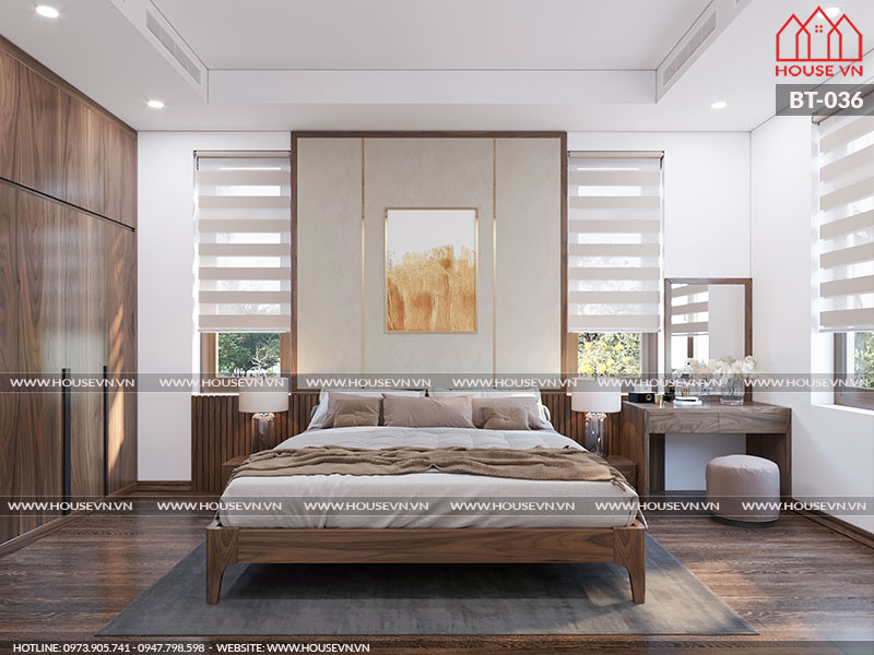 Mẫu nội thất phòng ngủ được thiết kế chất liệu gỗ gam màu trầm đem lại cảm giác ấm cúng, thư thái