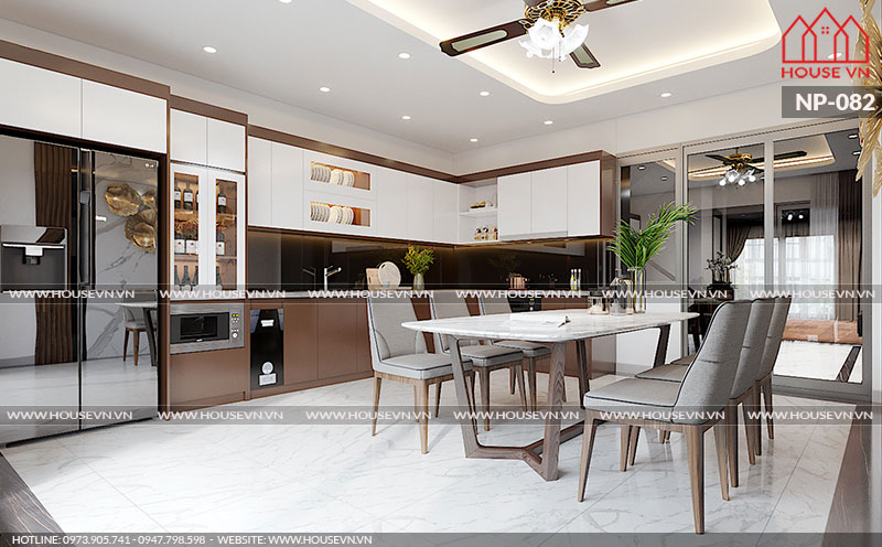 Ý tưởng thiết kế nội thất tủ bếp chữ L phong cách hiện đại cùng bàn ghế ăn phù hợp với phòng bếp của Housevn được chủ đầu tư khá hài lòng