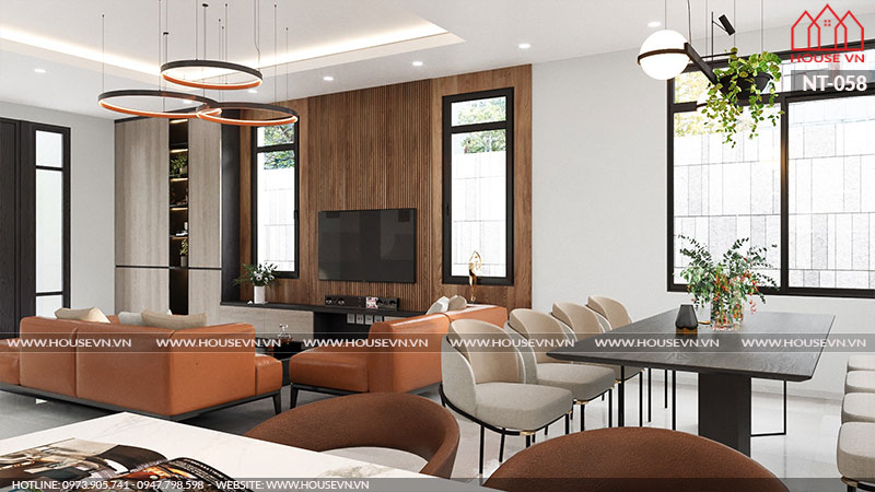 Không gian phòng bếp ăn sử dụng các vật dụng nội thất mang tông màu ấn tượng, sang trọng. 