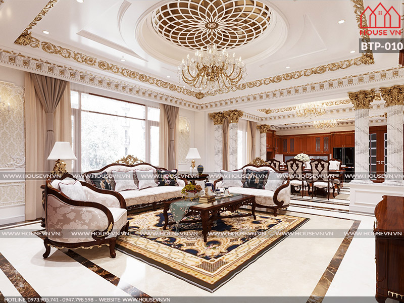 Mẫu nội thất phòng khách được thiết kế theo phong cách cổ điển, vương giả