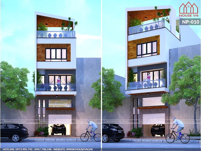 Mẫu nhà phố 4 tầng kiến trúc xanh có gara để xe và sân thượng rộng