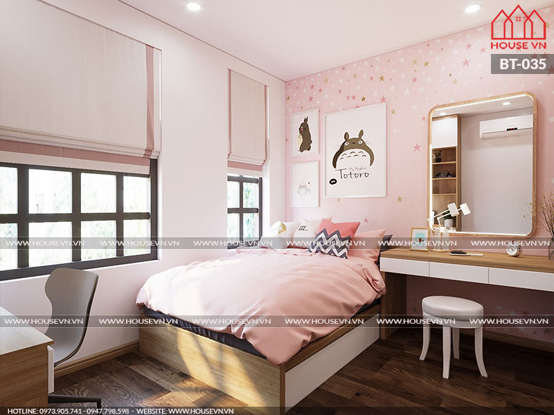 Mẫu thiết kế nội thất phòng ngủ bé gái gam màu hồng xinh xắn, dễ thương.