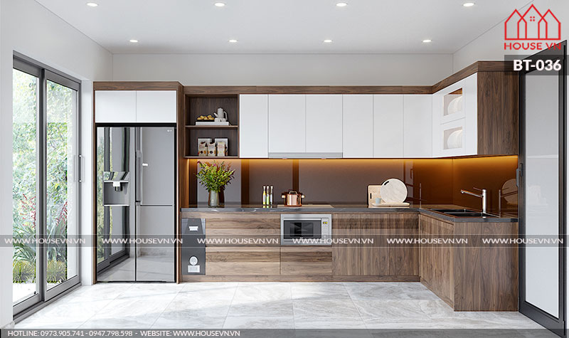 Mẫu thiết kế nội thất phòng bếp đẹp ấn tượng với cách bày trí hợp phong thủy.
