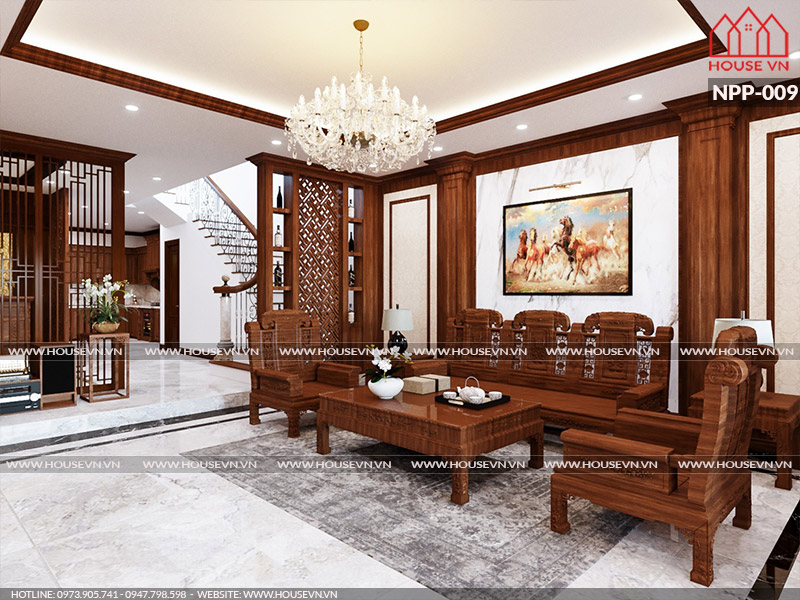 Mẫu thiết kế nội thất phòng khách cho biệt thự Pháp đẹp sang trọng.