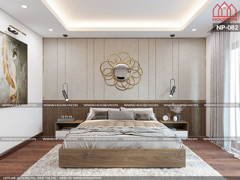 Căn phòng ngủ có thiết kế nội thất hiện đại màu sắc trang nhã đáp ứng trọn vẹn nhu cầu sử dụng của gia chủ