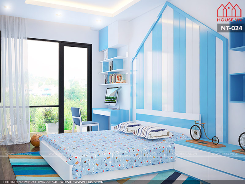Tiếp theo đó là không gian phòng ngủ dành cho bé trai với sắc xanh chủ đạo đầy cá tính và năng động trong thiết kế nội thất