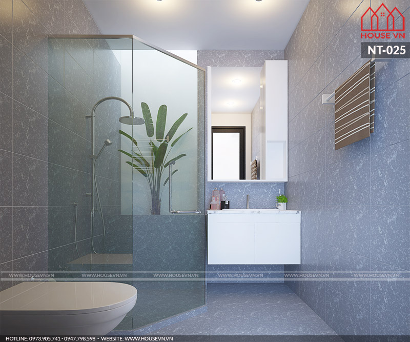 Phương án thiết kế nội thất bồn tắm đứng vật liệu kính cao cấp trong không gian phòng tắm ốp đá của nhà ống 5 tầng