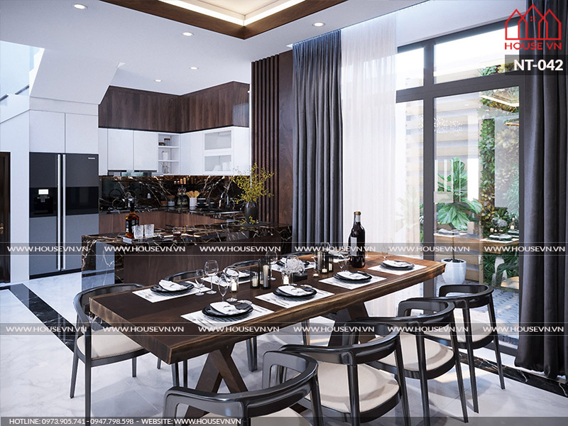 Thiết kế nội thất phòng bếp mang phong cách hiện địa được bày biện tiện nghi cho việc sử dụng của mọi người trong gia đình gia chủ.
