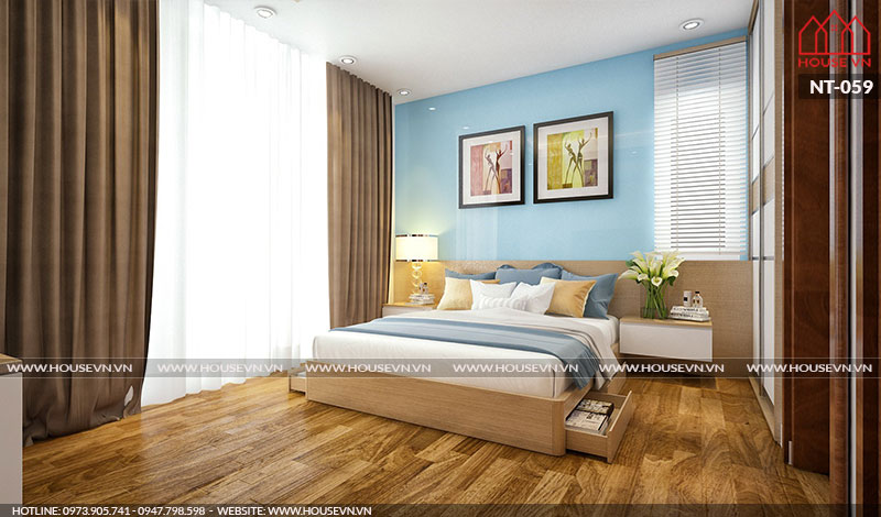 Thiết kế nội thất phòng ngủ hiện đại tiện nghi với cách sắp xếp đồ đạc khá gọn gàng, ngăn nắp