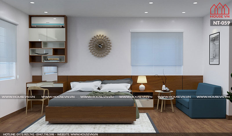 Phương án thiết kế nội thất phòng ngủ hiện đại đẹp với cách sắp xếp bố cục mạch lạc, khoa học, đầy đủ tiện nghi tạo không gian nghỉ ngơi lý tưởng nhất.
